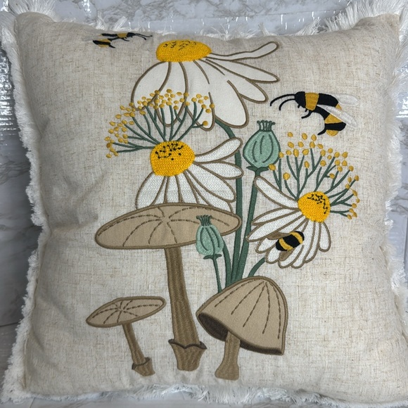 Sheffield Home Textured Cream cottagecore bumble bee mushrooms flowers pillow - Picture 2 of 12